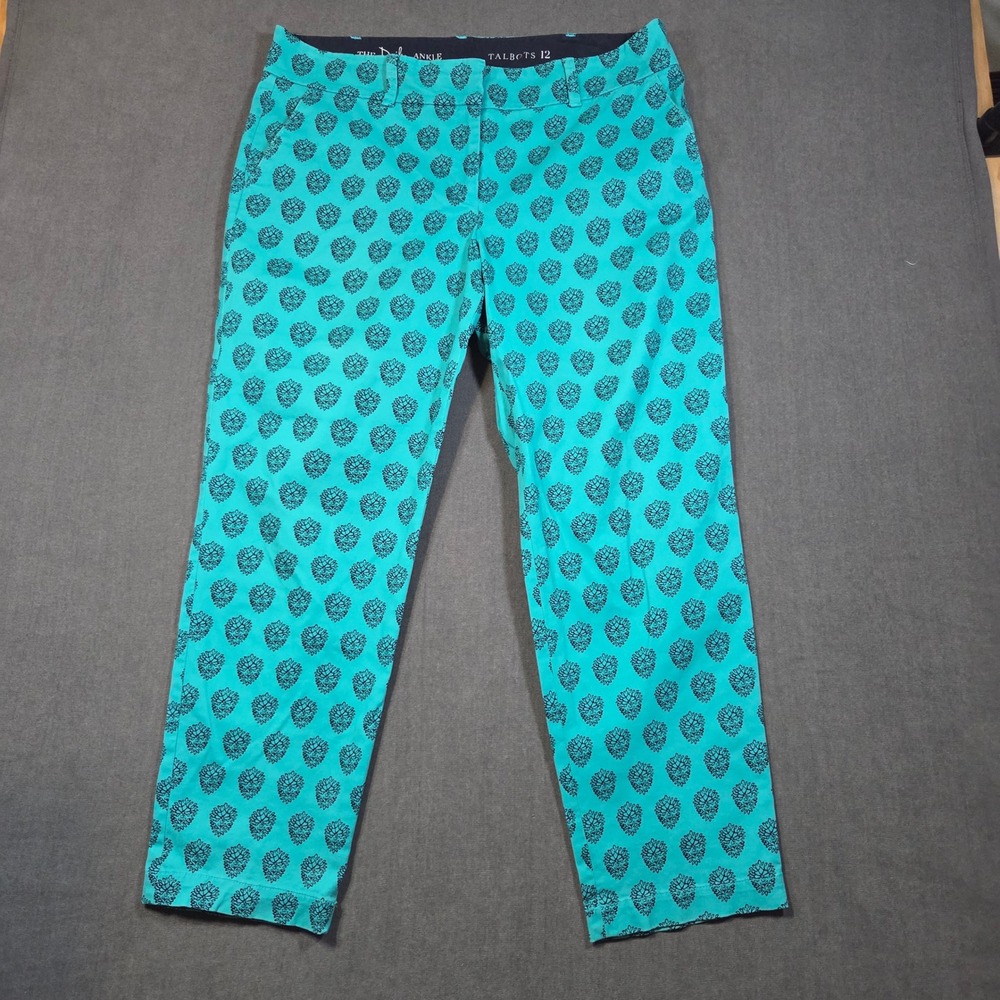 Talbots The Daily Ankle Pants Womens 12 Turquoise Blue Medallion Print Slim Leg